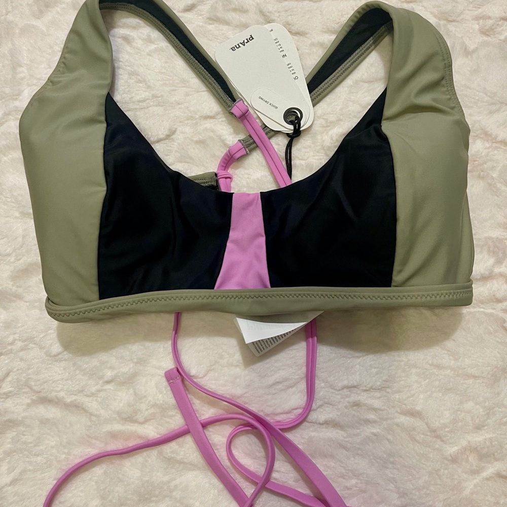 Prana Olive Green Black Pink Colorblock Bikini Top